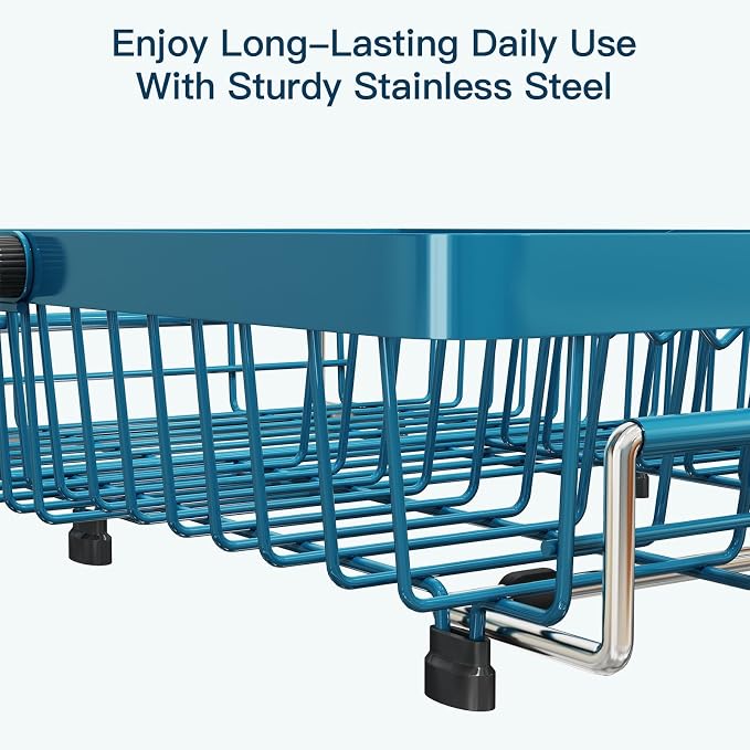Blue Dish Drying Rack Over The Sink with Utensil Holder, Mat | Expandable Stainless Steel Dish Drainer for Small Kitchen, Apartment, RV, Counter Space Saving, Perfect Fit, Rustproof