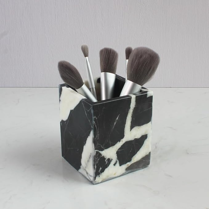 Natural Calacatta Viola Black Marble Square Storage Container for Toothbrush/Makeup Brush/Pens, Countertop Organizer Bathroom