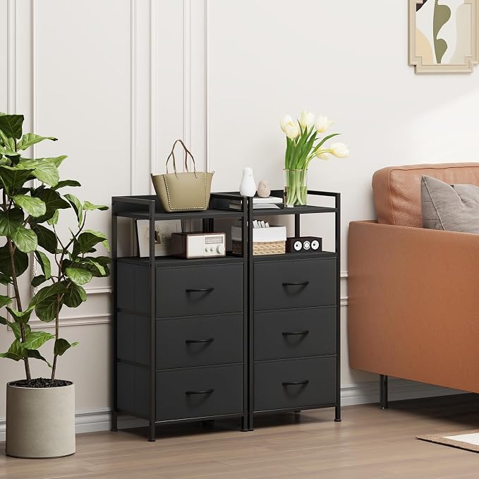 Somdot Nightstand with 3 Drawers, Dresser with Fabric Bins for Bedroom, Hallway, Entryway, Night Stand Bedside Table Furniture, Sturdy Steel Frame, Wooden Top, Easy Pull Fabric Bins, Black