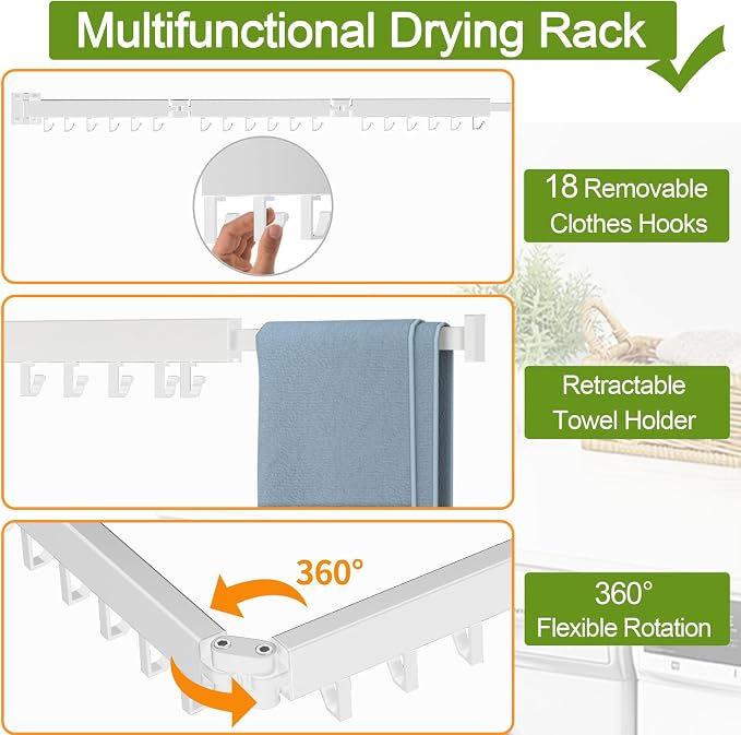 Kelisiting Clothes Drying Rack, Laundry Drying Rack Wall Mounted, [No-Drill & Drilling to Choose] 3-Fold Laundry Drying Racks for Hanging Clothes, Foldable & Sturdy Space Saver for Laundry Room -White