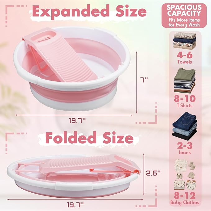 Lounsweer Large Collapsible Washboard Basin for Hand Washing Clothes with 2 Cleaning Brushes Portable Folding Laundry Tub with Non-Slip Washtub for Home Travel Camping (Pink)