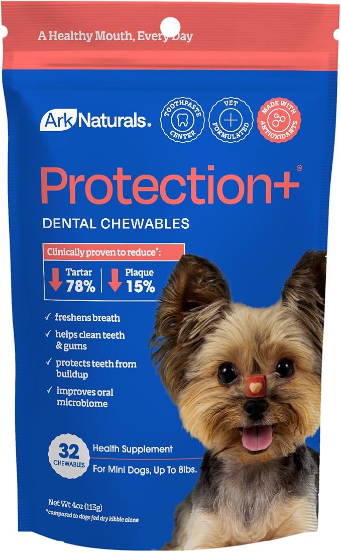 Ark Naturals Protection+ Brushless Toothpaste Chews - Mini Breeds (32 ct) | Vet Formulated Dog Dental Chew with Toothpaste Center - Freshens Breath and Prevents Plaque & Tartar