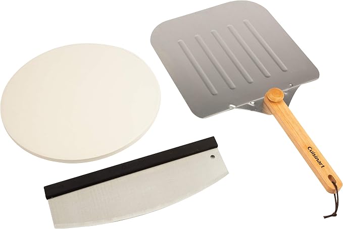 Cuisinart 3 Piece Deluxe Pizza Grilling Pack, 14” Round Pizza Stone for Oven and Grill, Includes Cutter and Foldable Stainless Steel Peel, Complete Set to Build Your Own Pizzas at Home