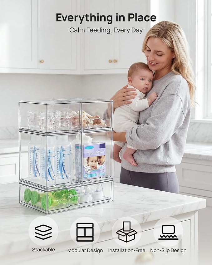 Vtopmart Stackable Storage Drawers Set of 7, Clear Plastic Organizer Bins for Baby Bottle, Beauty Supplies Storage, Ideal for Kichen Countertop, Vanity, Bathroom, Cabinet, Pantry Organization