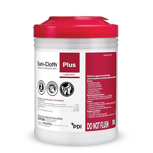 PDI Sani-Cloth Plus Germicidal Cloth, Pack of 160, 6" x 6-3/4" Large Wipes