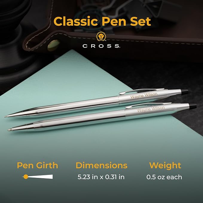 Cross Classic Century Engraved Ballpoint Pen and Pencil Set, Chrome, Slim Twist Action, Personalized Gift for Graduation, New Job, Retirement, Career Advancement, Cross Gift Box Included
