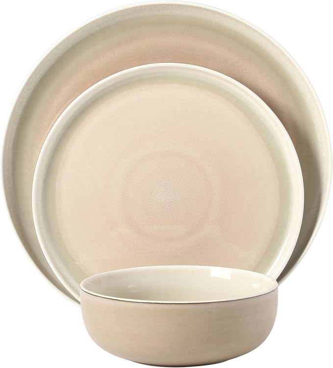 Gibson Elite Island Bay 12-Piece New Bone China Dinnerware Set Service for 4, Reactive Glaze Plates and Bowls, Dishwasher and Microwave Safe, Cream and Green