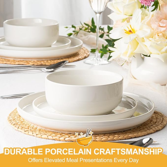 EWFEN Plates and Bowls Sets, 24 Pieces Ceramic Dinnerware Set for 8, Stoneware Dishware Dishes Set, Scratch Resistant Dishes Set, Dishwasher & Microwave Safe, White