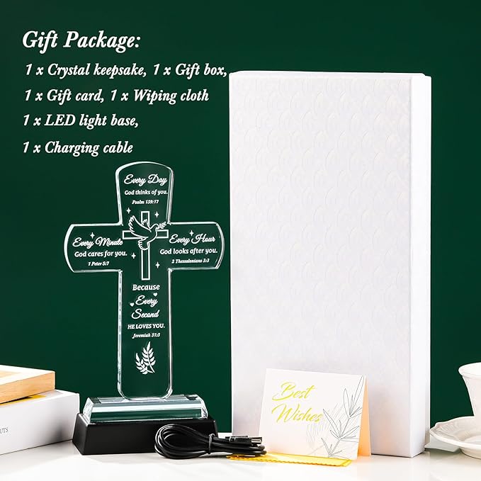 Movdyka Christian Inspirational Gifts for Women, Crystal Cross Bible Verse Plaque Decor with Light Base, Religious Faith Spiritual Prayers Encouragement Gift for Woman Men Mom Daughter Friends