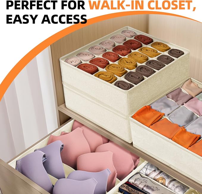 Criusia 6 Pcs Drawer Organizer Clothes - 90 Cells Closet Organizers and Storage for Baby Nursery - Washable Fabric Dresser Organizer Dividers for Sock Underwear Bra Dorm Room Essentials (Beige)