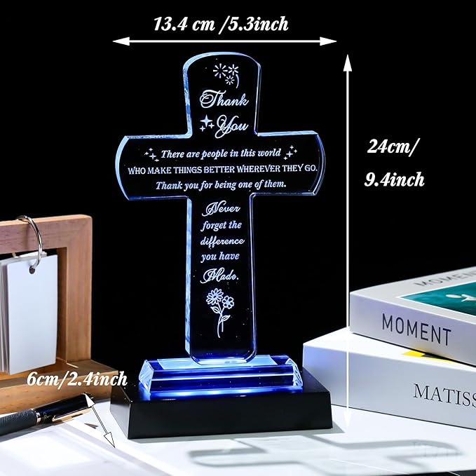 Movdyka Thank You Gifts for Women Men - Crystal Cross-Shaped Plaque with Light Base - Appreciation Inspirational Gift for Boss, Coworker, Teacher, Mentor, Mom, Friend, Doctor Grateful Present Ideas