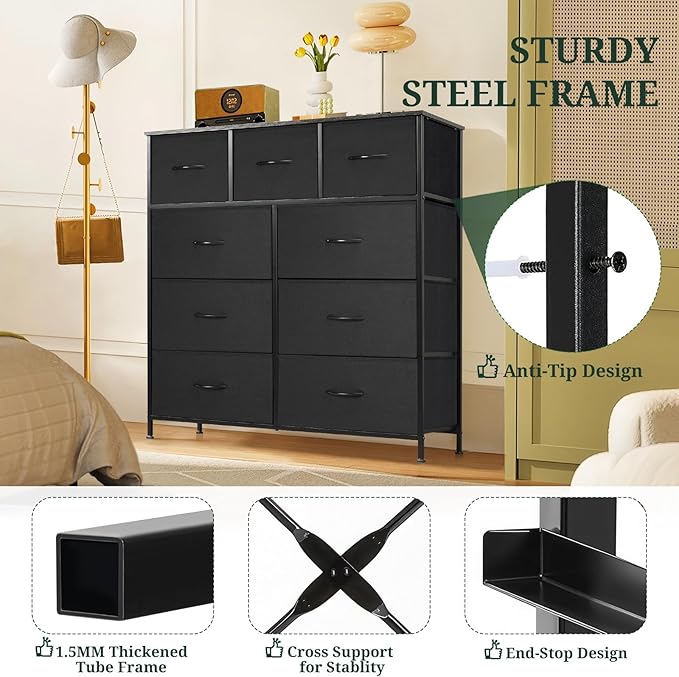 9-Drawer Dresser for Bedroom, Anti-Tip Tall Storage Organizer Chest of Drawers with Wooden Top and Metal Frame Fabric Bins for Closet, Living Room, Hallway, Entryway, Black