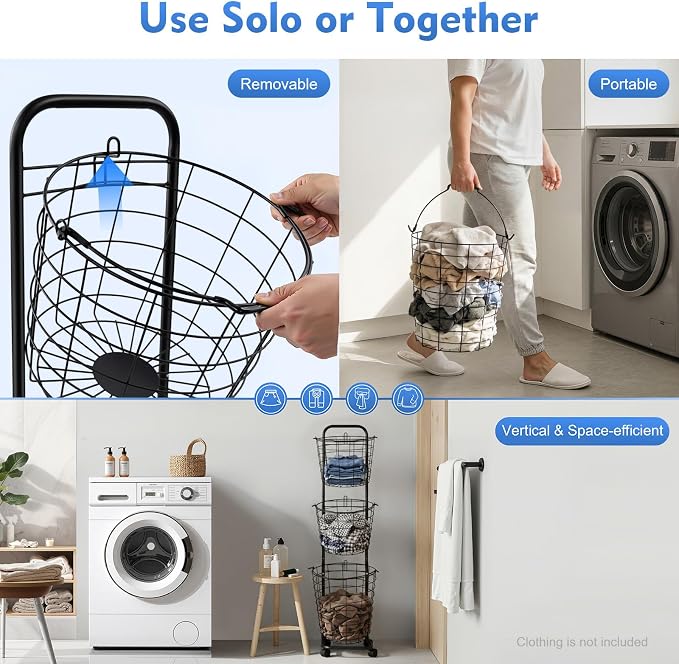 Laundry Basket with Wheels, 3 Tier Rolling Laundry Hamper Cart, Removable Metal Storage Shelf Basket, Portable Clothe Organizer Cart for Laundry Room, Balcony, Toilet, Kitchen