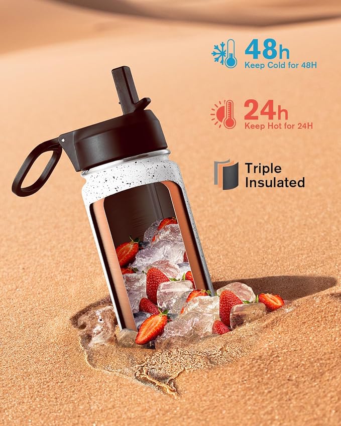 Coolflask Water Bottle 24 oz Insulated with Straw, Stainless Steel Metal 3 Lids Water Flask Wide Mouth for Sports or Office, Non-BPA Keep Cold Up to 48 Hrs or Hot Up to 24 Hrs, Arctic White