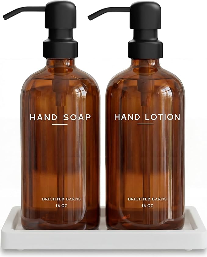 Amber Glass Soap and Lotion Dispenser Set with Tray by Brighter Barns - Hand Soap Dispenser Bathroom Set & Stainless Steel Pump for Home, Restaurant, Spa - Neutral Bathroom Decor & Accessories (Amber)