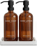 Amber Glass Soap and Lotion Dispenser Set with Tray by Brighter Barns - Hand Soap Dispenser Bathroom Set & Stainless Steel Pump for Home, Restaurant, Spa - Neutral Bathroom Decor & Accessories (Amber)