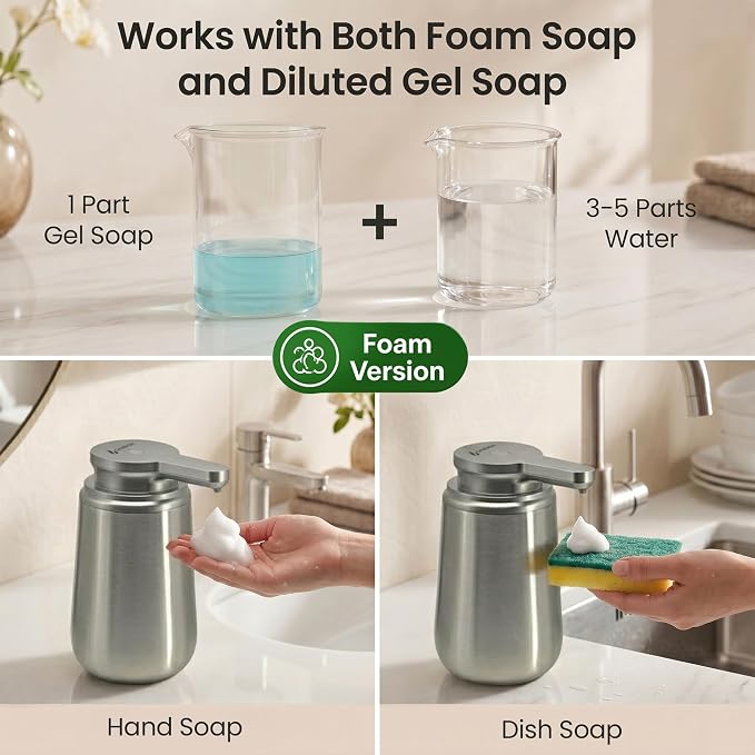 GentleJet NovaJet Automatic Foaming Soap Dispenser Touchless Sensor, USB-C Rechargeable, 304 Stainless Steel, IPX5 Waterproof for Bathroom Kitchen Sink, 12 oz / 350 ml