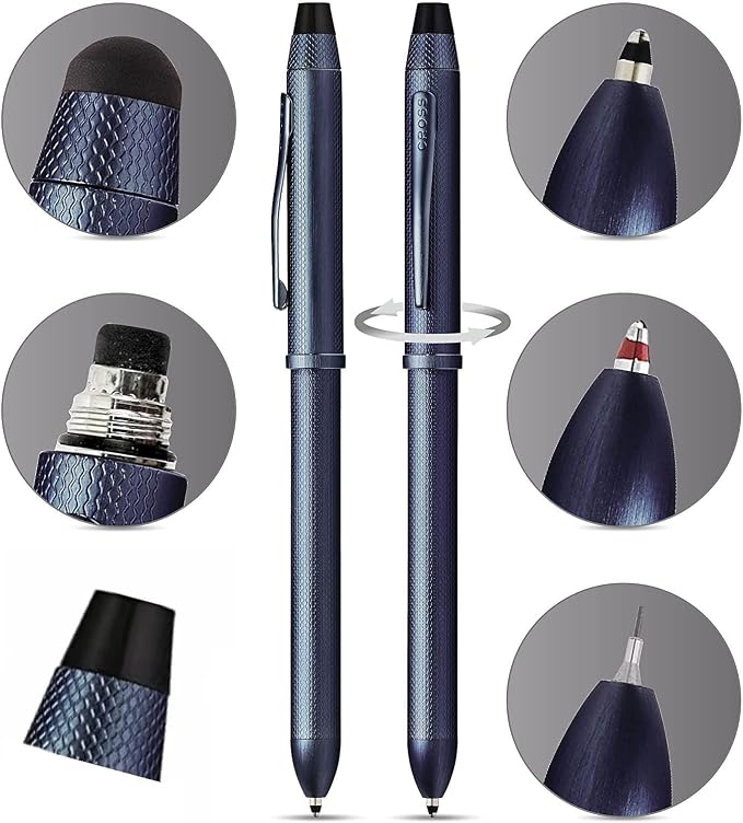 Cross Tech3+ with Sophisticated Brushed diamond pattern finish Barrel & interchangeable cap tops, Multi-function Pen - 0.5 MM Lead Pencil, Black & Red Ink Refills in One Pen. (Blue)