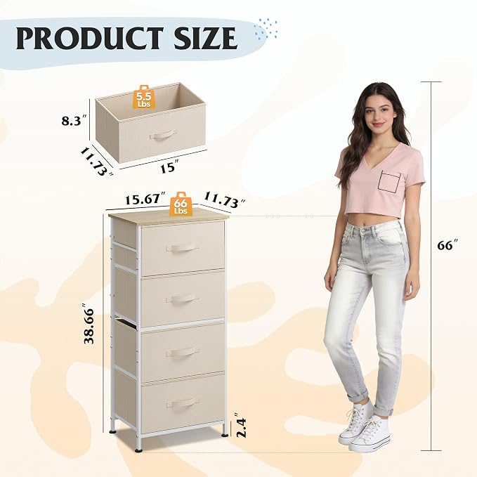 WLIVE Small Dresser Nightstand for Bedroom, 4 Drawers, Cream White | 4 vertical fabric drawers, Space-saving tower, Bedroom or closet use, Chest of drawers, Dresser for small spaces