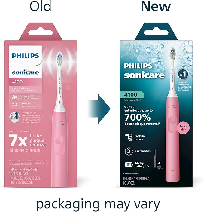 Philips Sonicare 4100 Series Electric Toothbrush - Sonic Toothbrush with Advanced Sonic Technology, Pressure Sensor, Two Intensity Settings, Smartimer & Quadpacer, Deep Pink, Model HX3681/26