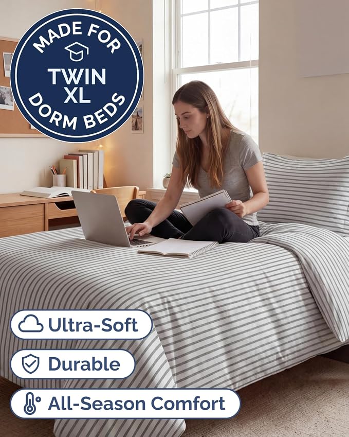 Duvet Cover Queen Size Set - Extra Soft Queen Duvet Cover 90" x 90" with 2 Pillow Shams for Women, Men, Kids & Teens - Hotel Luxury w/ Zipper Closures & Ties - Comfy, Cozy & Breathable (Beige Stripes)