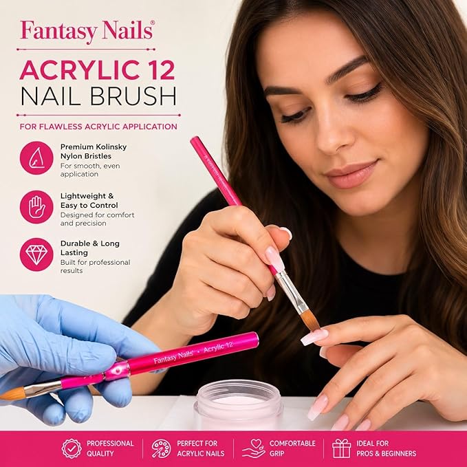 Fantasy Nails Acrylic Nail Brush #12, Kolinsky Hair, Aluminum Handle, Pink for Professional Nail Artist and Nail Enthusiastic