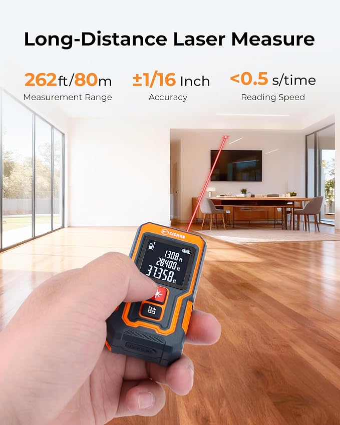 Laser Measuring Tool 262Ft, CIGMAN Pocket-Size Digital Laser Tape Measure, Mini Rechargeable Laser Measure with High Accuracy, 4 Units Ft/Ft+in/in/M, Backlit LCD, Length/Area/Volume/Pythagorean Mode