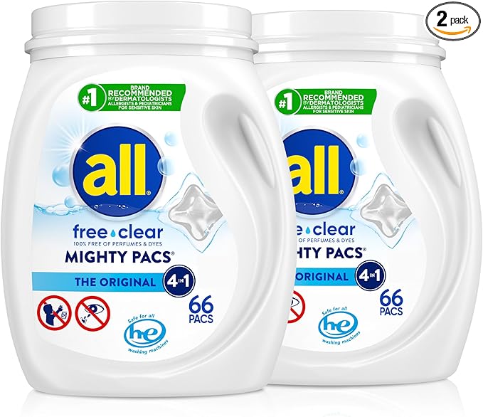 all free clear, Original, MIGHTY PACS Laundry Detergent Pacs for Sensitive Skin, Unscented and Hypoallergenic, 66 Count (Pack of 2)