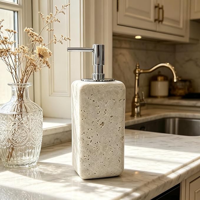 Travertine Stone Soap Dispenser Natural Organic Bathroom Soap Pump with Metal Push Pump, Elegant Square Hand Lotion Jar, Premium Heavy Duty Pump Bottle Lotion Jar for Kitchen/Laundry Room(Ivory White)
