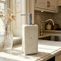 Travertine Stone Soap Dispenser Natural Organic Bathroom Soap Pump with Metal Push Pump, Elegant Square Hand Lotion Jar, Premium Heavy Duty Pump Bottle Lotion Jar for Kitchen/Laundry Room(Ivory White)