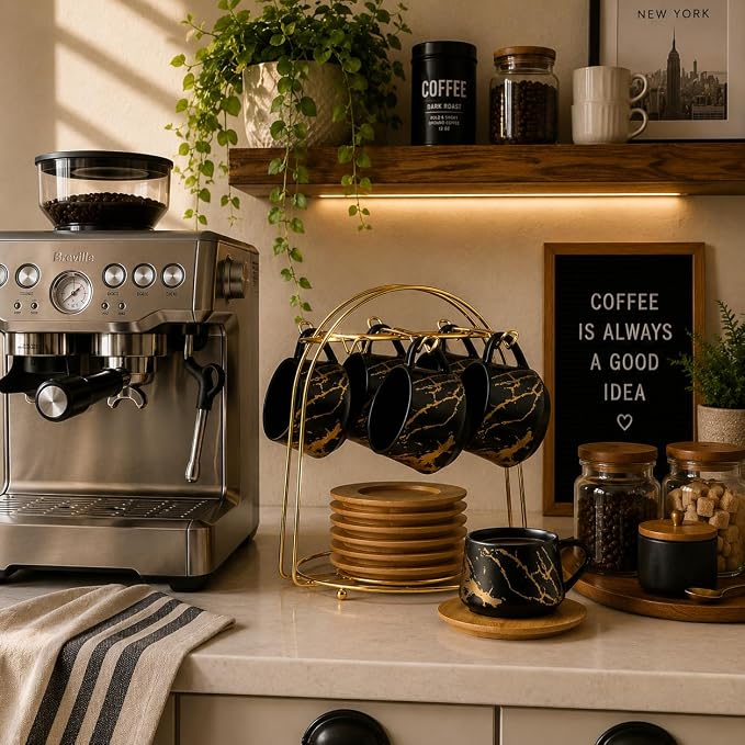LUKA Ceramic Espresso Cups with Saucers and Metal Stand, Small 4 oz Porcelain Demitasse Cups Set of 6, Cute Cappuccino Coffee Cups for Double Espresso, Tea, Marbling Black