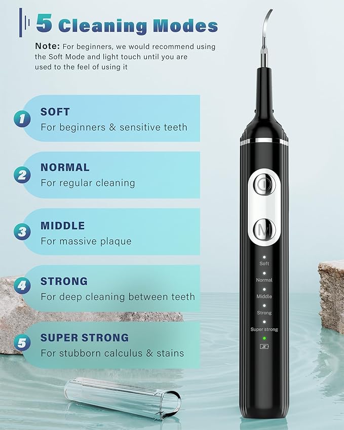 Plaque Remover for Teeth, Dental Cleaning Kit Tartar Remover for Teeth with LED Light & 5 Modes, Rechargeable Dental Cleaner, 4 Replaceable Heads