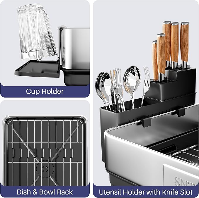 SNTD 304 Stainless Steel Dish Drying Rack for Small Kitchen Counter, Black | Rustproof, Large Capacity, Heavy-Duty Frame, Rotating Spout, Angled Drainboard, Removable Cup & Utensil Holder