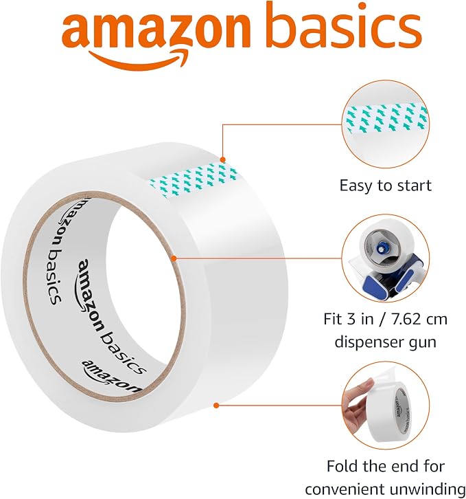 Amazon Basics Strong Plastic Adhesive Packing Tape for Shipping, Sealing Boxes, Moving and Storage, Clear, Low Odor, 1.88 in x 54.6 yds, 12-Pack