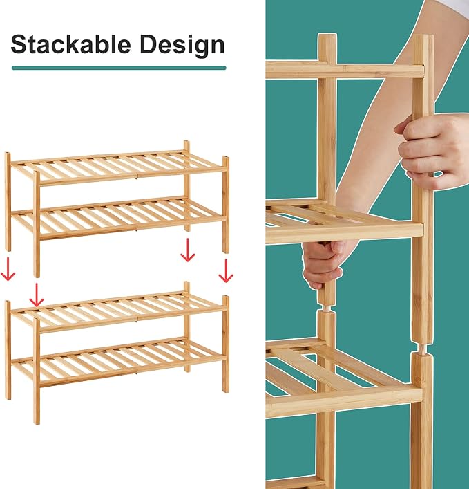 viewcare 4-Tier Bamboo Shoe Rack for Entryway, Stackable | Foldable | Natural, Shoe Organizer for Hallway Closet, Free Standing Shoe Racks for Indoor Outdoor