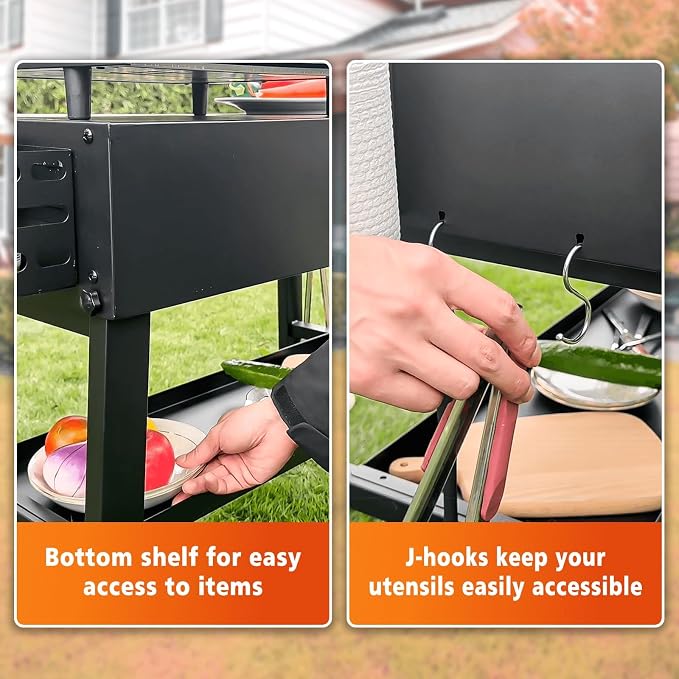 Foldable Grill Cart for Blackstone 17/22, Ninja Woodfire OG700, Ooni Pizza Oven – Portable Grill Table with Wheels, Dual-Shelf BBQ Prep Station with Caddy & Hooks, Compact Camping Griddle Stand