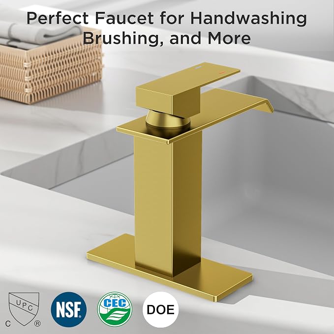 FORIOUS Gold Bathroom Faucet, Modern Waterfall Bathroom Sink Faucets 1 or 3 Hole Single Handle with Deck Plate and Drain, Suitable for Vanity Rv Camper Commerical