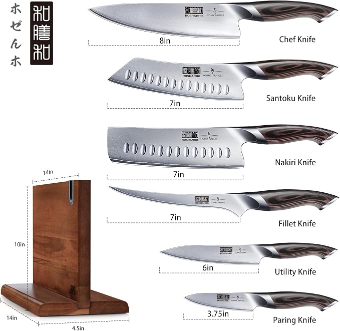 HOSHANHO 7PCS Kitchen Knife Set, Japanese Magnetic Knife Block Set | Ultra Sharp Japanese High Carbon Stainless Steel Chef Knives Sets with Block, Ergonomic Pakkawood Handle, Ideal Cooking Gift