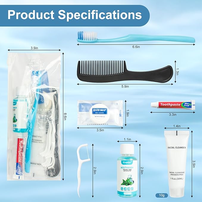 Travel Toothbrush Kit Bulk Hygiene Kit Bulk Individually Packed with Mouthwash,Toothpaste,Comb,Zip Bag,Facial Cleanser,Soap and Floss Picks for Hotel Camping Homeless (50)