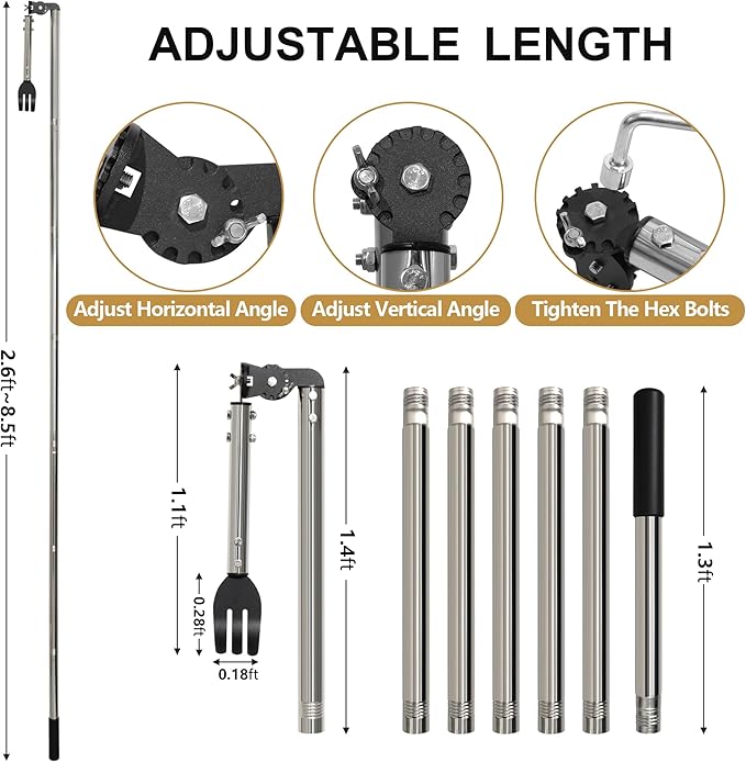 8.5 FT Gutter Cleaning Tool from the Ground with Spring Steel Rake | Dual-Axis Spring Steel Gutter Cleaner, Adjustable Length Cleaning Pole with Gutter Rake for Leaves, Muck and Roof Debris