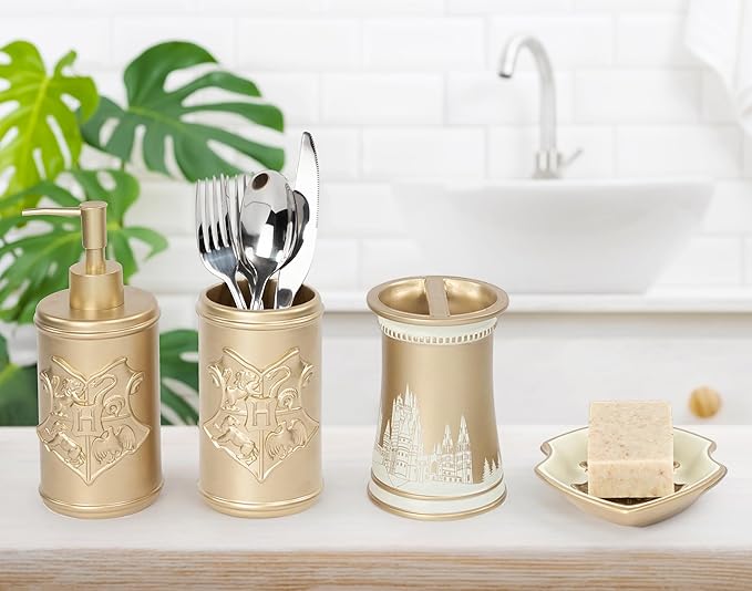 Harry Potter Bathroom Organizer Set - 4 Piece White and Gold Hogwarts Crest Accessories Includes Resin Soap Dispenser, Soap Dish, Toothbrush Holder and Tumbler - Bathroom Décor