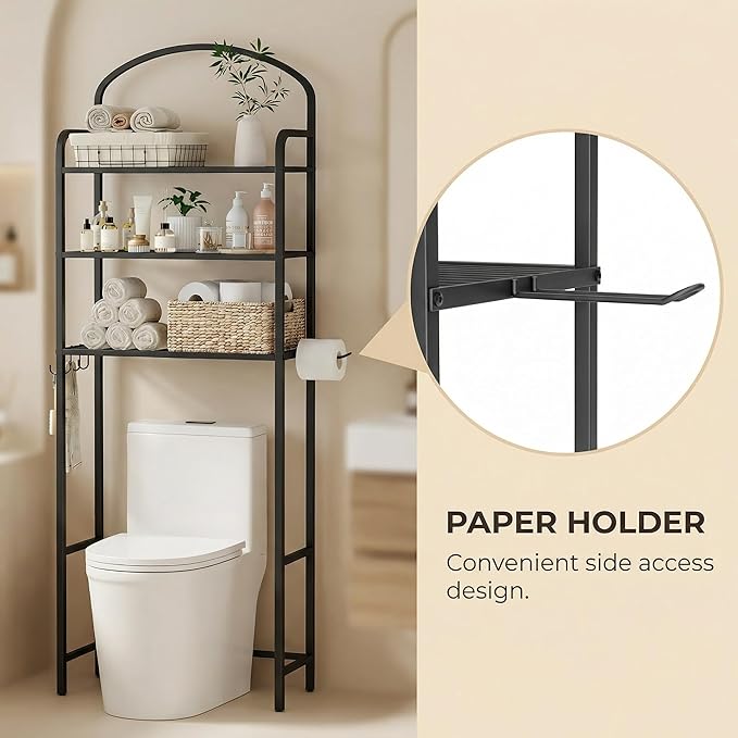 Over The Toilet Storage Rack - 3 Tier Bathroom Organizer with 4 Hooks & Paper Holder - Space Saving Metal Shelf for Bathroom - Black Toilet Storage