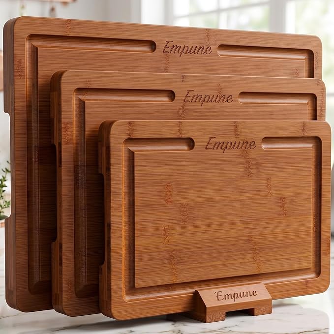 Empune Bamboo Cutting Boards for Kitchen, 3 Piece Extra Thick Cutting Board Set with Juice Groove, Deep Carbonized Bamboo Chopping Board, Reversible Wood Cutting Board for charcuterie boards, Brown