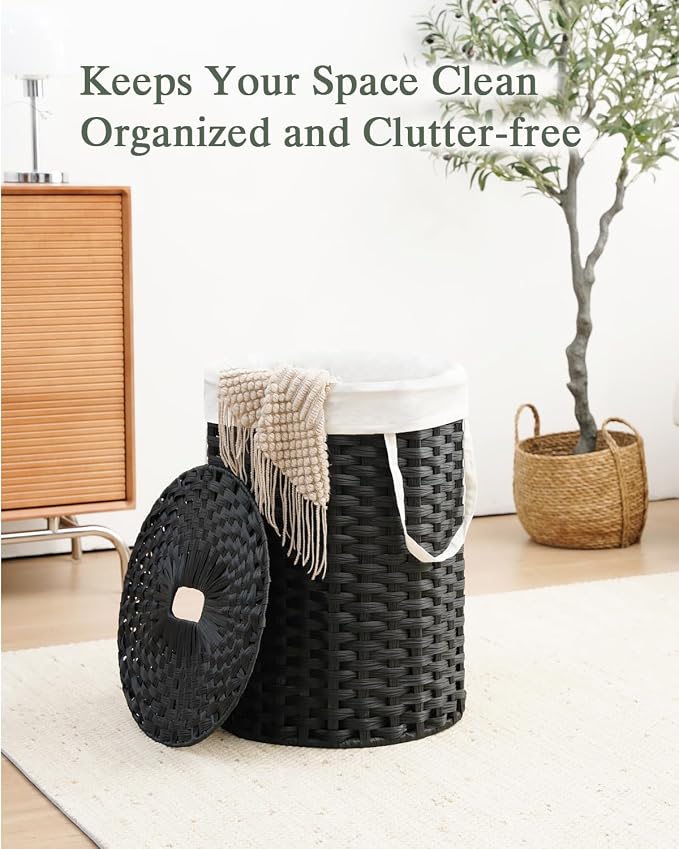 SETVSON Laundry Hamper with Lid 23.8 Gal Handwoven Laundry Basket Black | The lid hides dirty clothes, keeping spaces neat and fresh. 90 L Large Capacity, Stylish Design with Handles Easy Transport