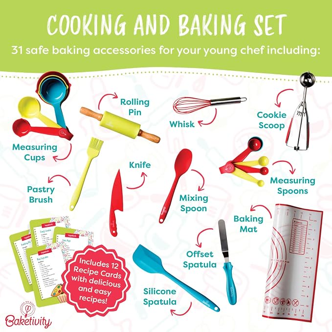 Baketivity 4 in 1 Kids Baking Set Mega Kit - Cake Pop Kit with Stand - Kids Apron and Chef Hat Set - Bake Away Cookbook - Cooking Real Utensils - Baking Gifts for Girls & Boys