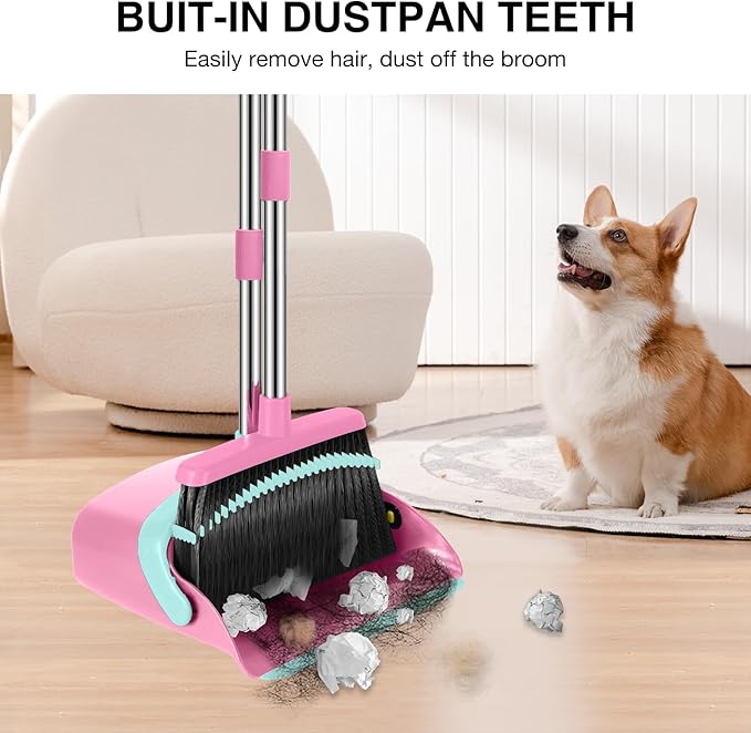Broom and Dustpan Set, 52-in Long Adjustable Handle Broom Dustpan Combo with Dust pan Teeth to Automatically Clean Hair Suitable for Home Kitchen Office Hall Floor（Pink&Blue）
