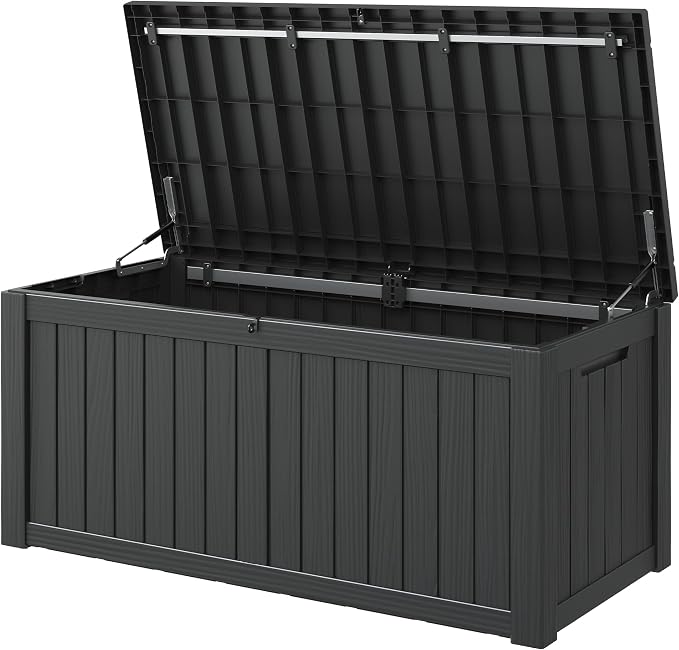 Outdoor Storage Box, 150 Gallon Large Outdoor Resin Deck Box, Storage Waterproof Boxes Lockable Lid for Garden Tools, Pool Supplies, Patio Furniture and Cushions, Black