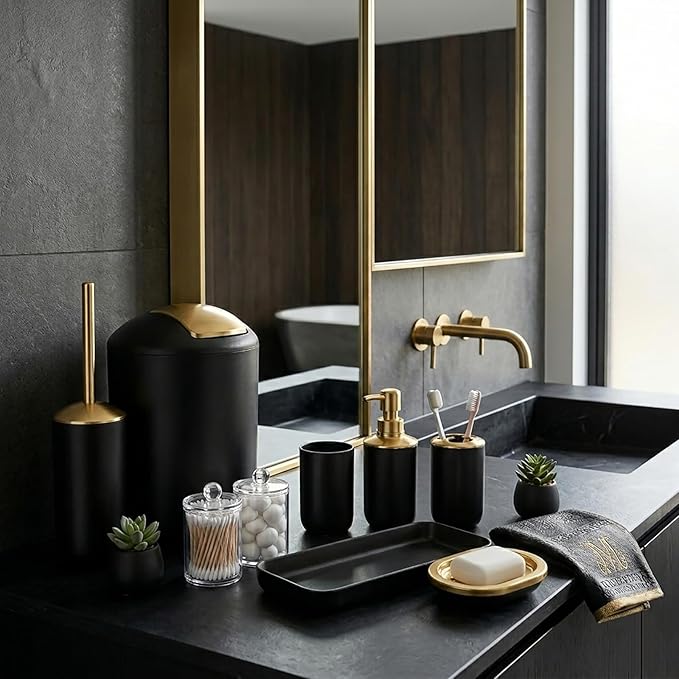 9 Pieces Black Bathroom Accessories Set, Gorgeous Gold Bathroom Set, Trash Can, Toilet Brush, Soap Dispenser and Toothbrush Holder, Soap Dish, Tumber, Qtip Holder, Tray, Sink Countertop Set Decor