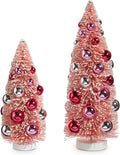 Raz Imports Bottle Brush Trees with Ornaments, 12-inch Height, Pink, Sisal, Plastic and Wood, Set of 2, Christmas, Home Décor