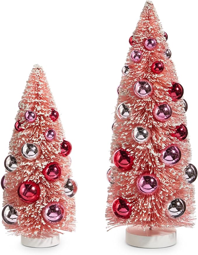 Raz Imports Bottle Brush Trees with Ornaments, 12-inch Height, Pink, Sisal, Plastic and Wood, Set of 2, Christmas, Home Décor
